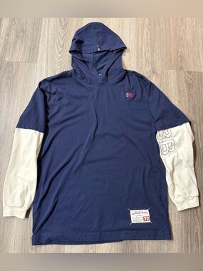 Vintage Bugle Boy Navy Hooded Long-Sleeve Shirt with Cream Sleeves Large